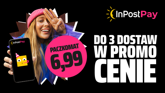 Uśmiechnięta dziewczyna z otwartą apką InPost - na ekranie logo InPost Pay. Zgarnij do 3 dostaw przez Paczkomat w promo cenie 6,99 złotych