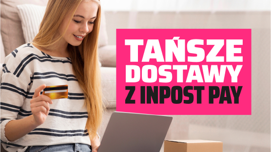 Tańsze dostawy z InPost Pay. Kobieta robiąca zakupy online na laptopie.