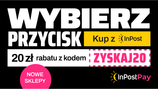 Uśmiechnięta kobieta z telefonem przez maszyną Paczkomat. Napis: Wybierz przycisk kup z InPost. 20 zł rabatu z kodem ZYSKAJ20. 