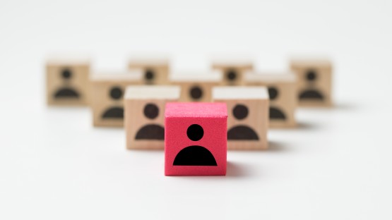 Czerwony klocek z ikonką człowieka wyróżniający się pośród brązowych klocków w tle.