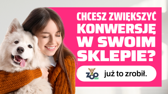 Biały pies, czerwona ramka z tekstem: "Chcesz zwiększyć konwersję w swoim sklepie?"