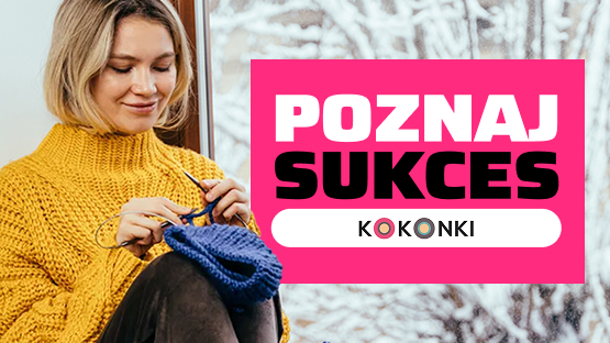 Osoba w żółtym swetrze dzierga, napis "Poznaj sukces Kokonki", logo InPostPay.