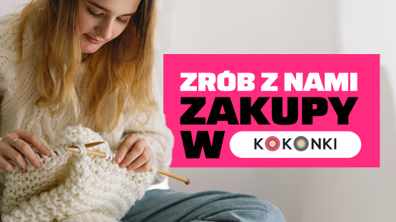 Zrób zakupy w Kokonki z InPostPay. Kobieta w swetrze, robiąca na drutach.
