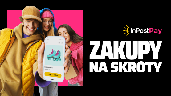 Chłopak w żółtym ubraniu i dwie dziewczyny trzymają telefon z zakupami na skróty InPost Pay.