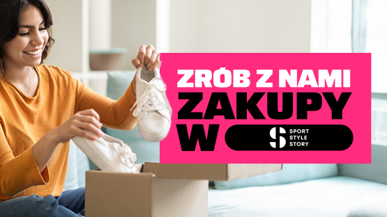 Osoba wyciąga białe buty z pudełka, baner sklepu Sport Style Story.
