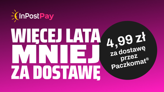Kobieta siedząca z paczką obok maszyny Paczkomat. Napis: Więcej Lata, mniej za dostawę. 4,99 zł za dostawę przez Paczkomat.