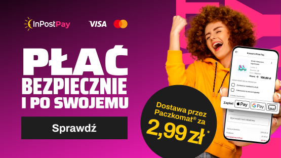 Uśmiechnięta kobieta ze smartfonem w dłoni. Obok napis: Płać bezpiecznie i po swojemu. Dostawa przez Paczkomat za 2,99 zł. InPost x Visa i Mastercard.