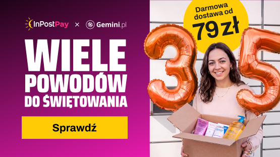 InPostPay i Gemini.pl: Darmowa dostawa od 79 zł. Kobieta trzyma balony i pudełko z kosmetykami.